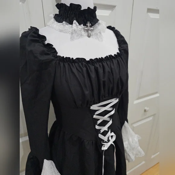 Dolls Kill Dark In Love Black & White Lace Goth Witchy Lace Up Mini Dress M - Picture 3 of 11